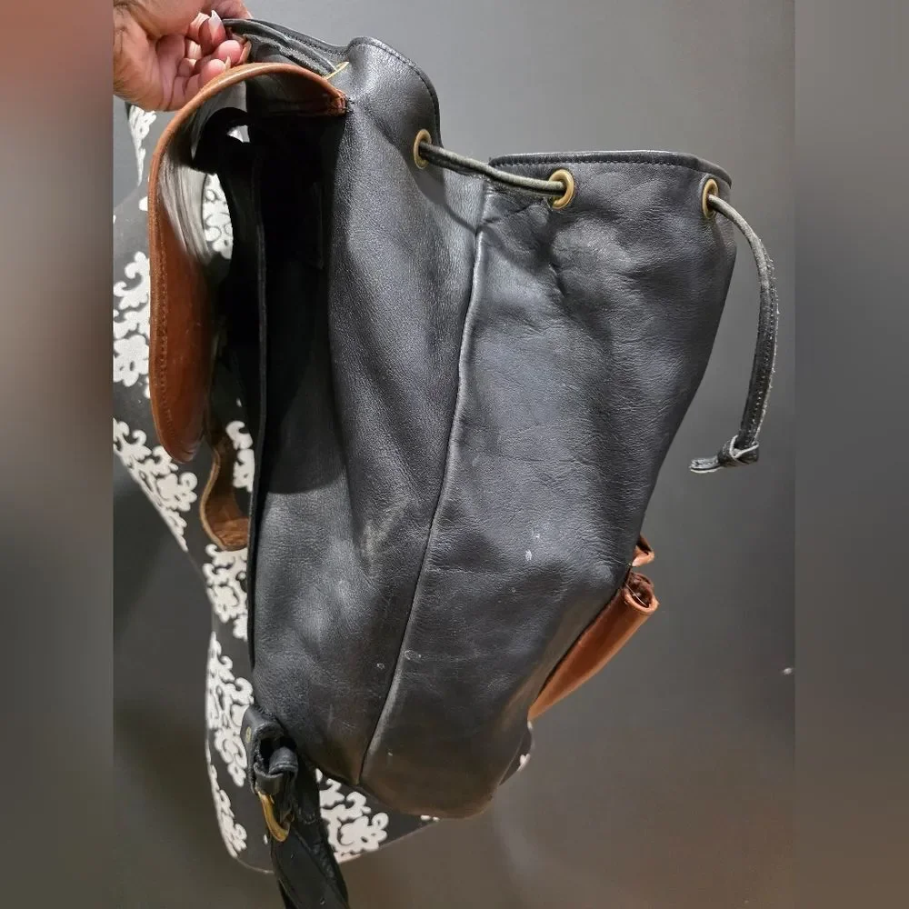 Two Tone Brown and Black Leather Full Size Buckle Closure Backpack 16x14